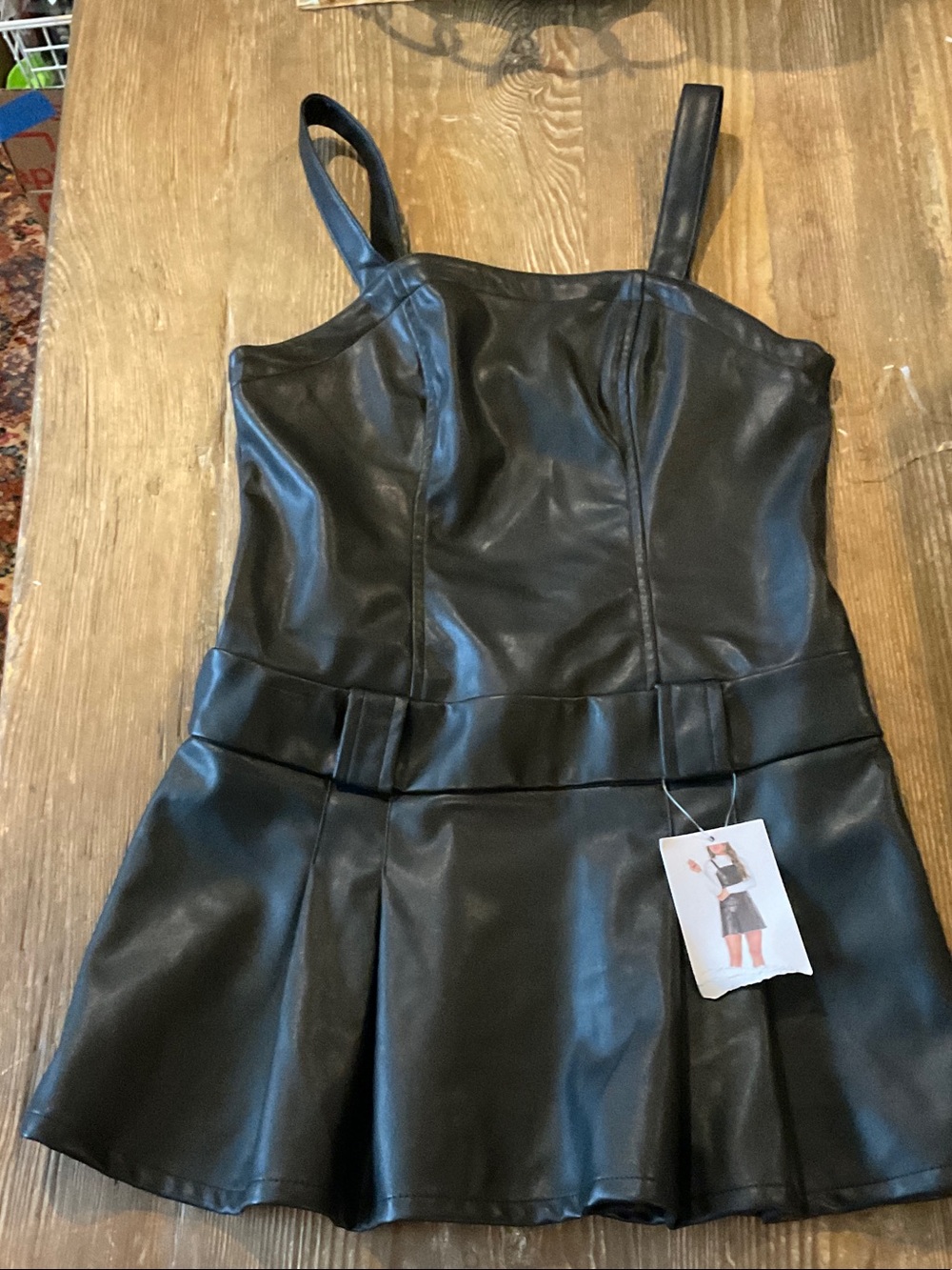 Celebrity Pink Black Faux Leather Strappy Mini Dress